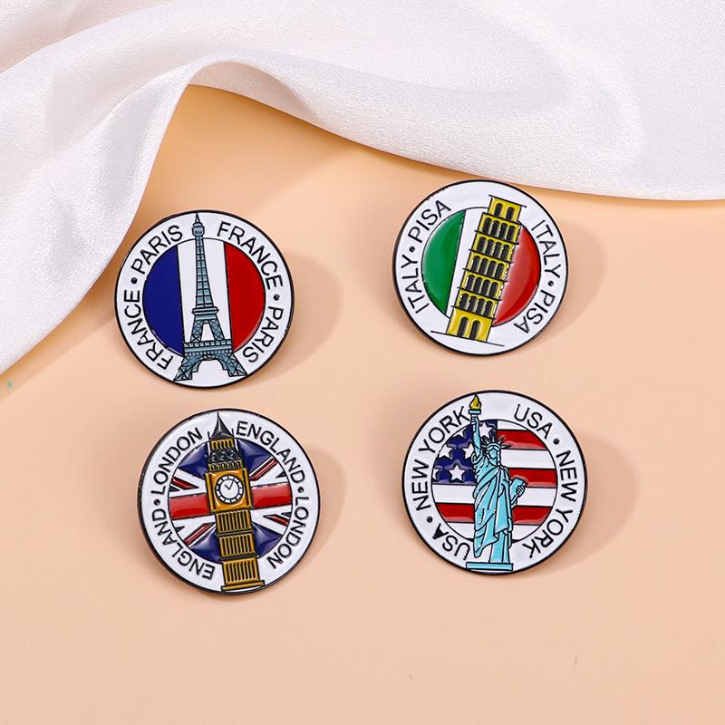 Pretty Statue of Liberty Eiffel Tower Big BenLeaning Tower of Pisa Brooches National Landmarks Round Pin For Tourist Gift