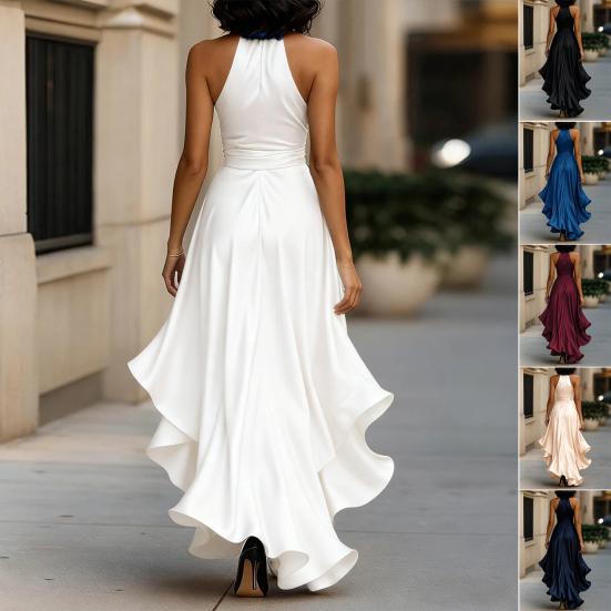 Damen Rüschen Satin High Low Ballkleid Ärmellos V-Ausschnitt Neckholder Bindegürtel Midi Kleid Hochzeitsgast Party Cocktailkleid