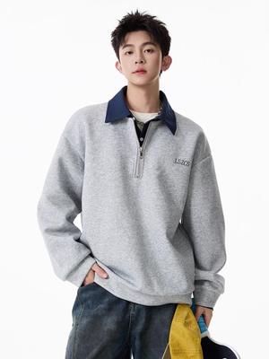 Unisex Heavyweight Faux Two-Piece Half-Zip Polo Sweatshirt, Autumn College Style, Lapel, Pullover, Loose Casual Top, Trendy.