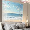 Ocean View Tapestry  Seagulls Over Beach Window Frame Design Coastal Art Polyester 5161 In for Bedroom or Dorm