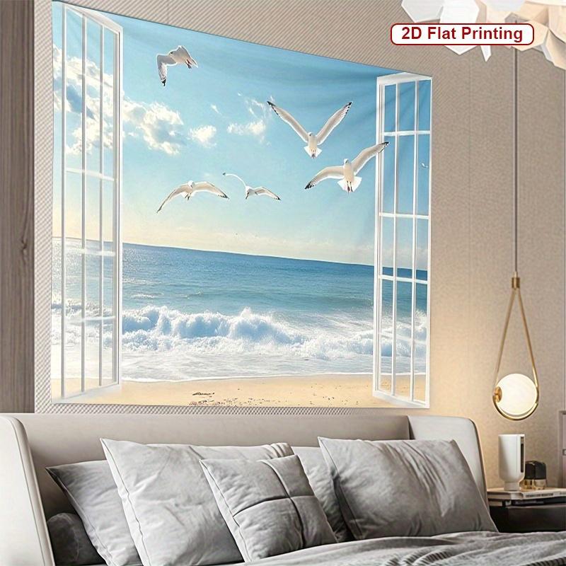 Ocean View Tapestry  Seagulls Over Beach Window Frame Design Coastal Art Polyester 5161 In for Bedroom or Dorm