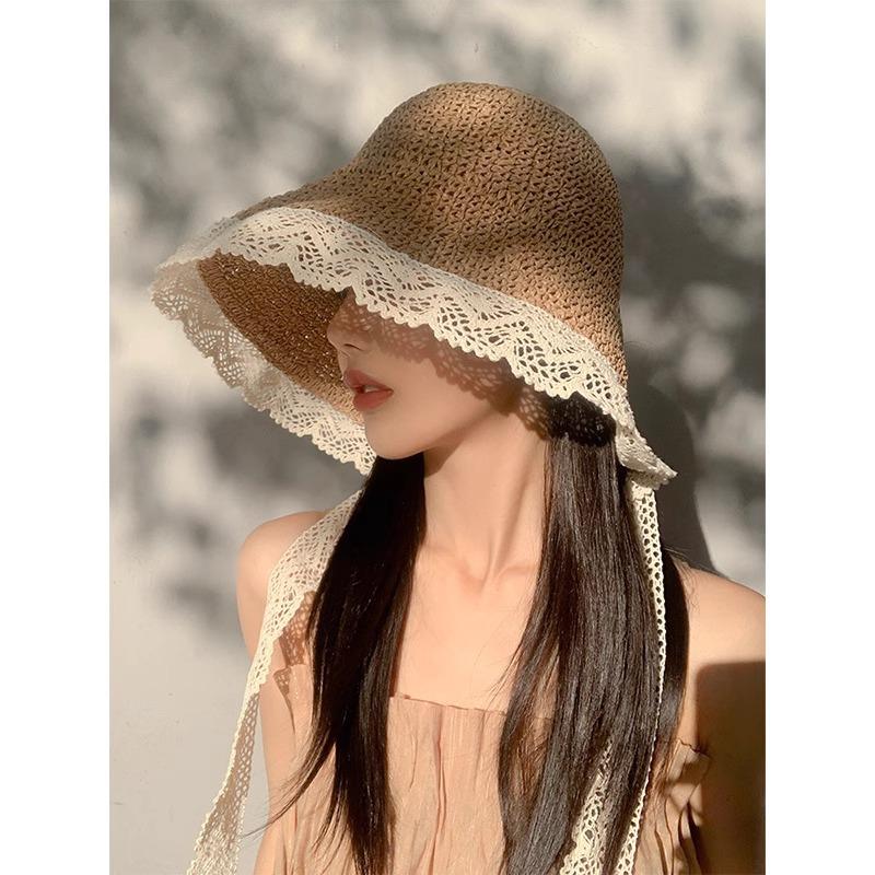 Francouzská krajka Sluneční klobouk ze slámy Dámský letní Klobouk kbelík s velkou krempou a stuhami K moři Skládací sluneční klobouk