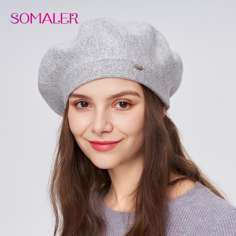 

SOMALER Зимний берет для женщин Осенний вязаный шерстяной берет Шапки с пайетками Теплый двухслойный Классический французский стиль Берет Шапка One Size серый