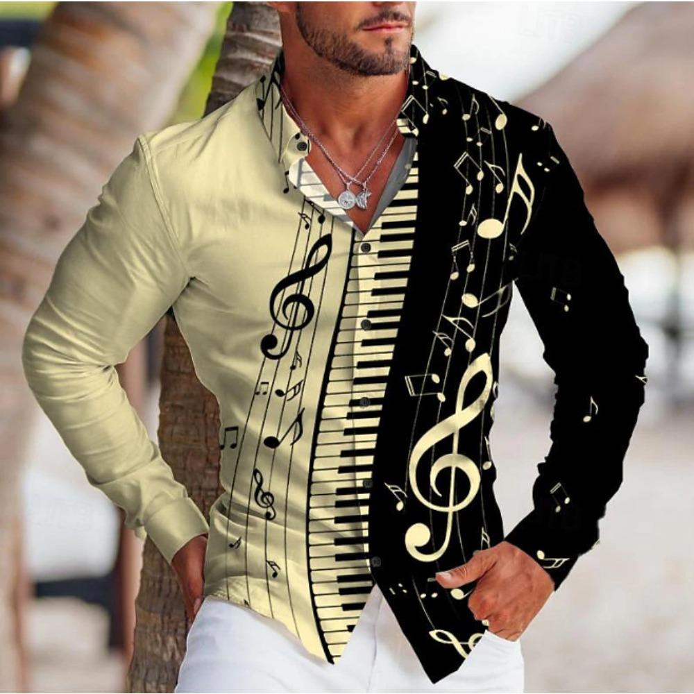 Men's Music Note Printed Long Sleeve Shirts Casual Cardigan New Button Holiday Fashion Shirts