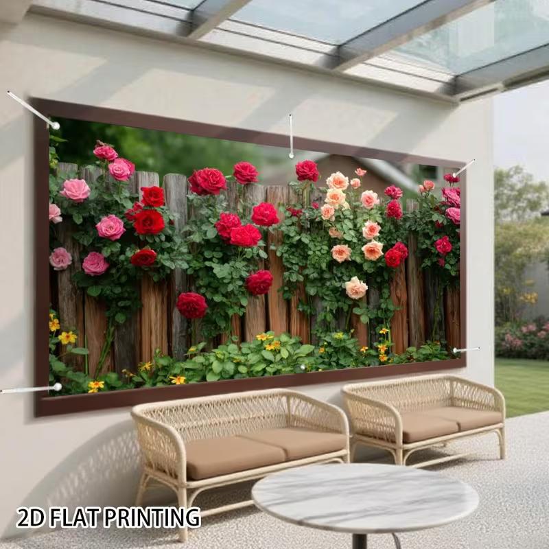 2D Romantic Rose Vine Fence Backdrop, Natural Garden Scene Garage Door Cover for Party Decoration