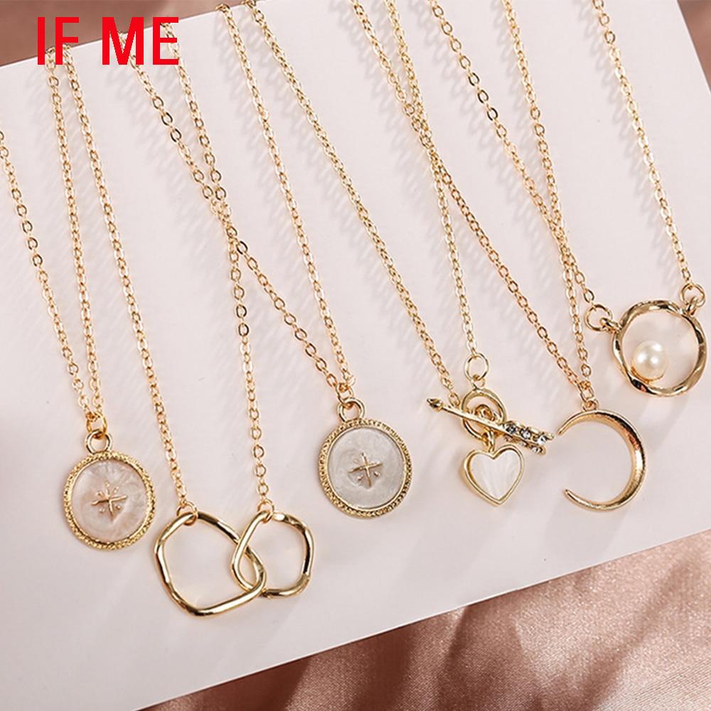 iF ME שרשרת תליון מעגל לא סדיר זהב בציר לנשים אופנה עגול פנינה ירח לב שרשראות טרנד מתנות תכשיטים