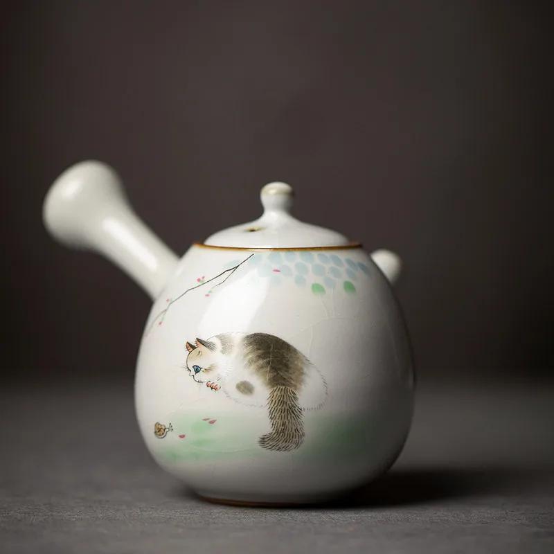 230ml Chinese Ru Kiln Side Handle Teapots Handmade Cute Cat Pattern Ceramic Kettle Travel Portable Filter Tea Pot Home Tea Set