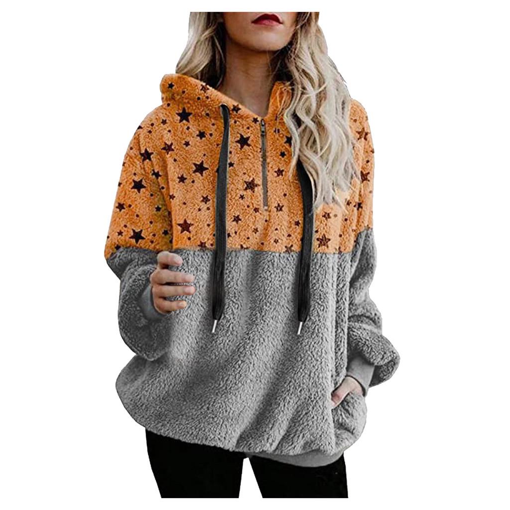 Women Plus Size Hooded Sweatshirt Star Winter Warm Zipper Pockets Coat Outwear