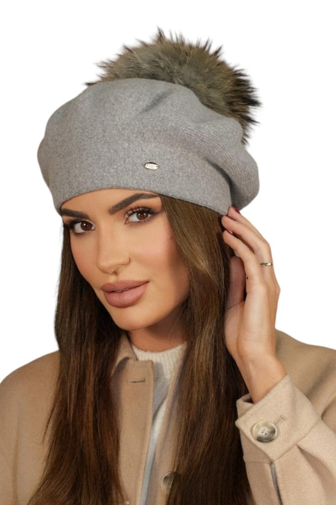 Women' Eco Wool Beret with Pompom, Light Gray Kamea-Fuji