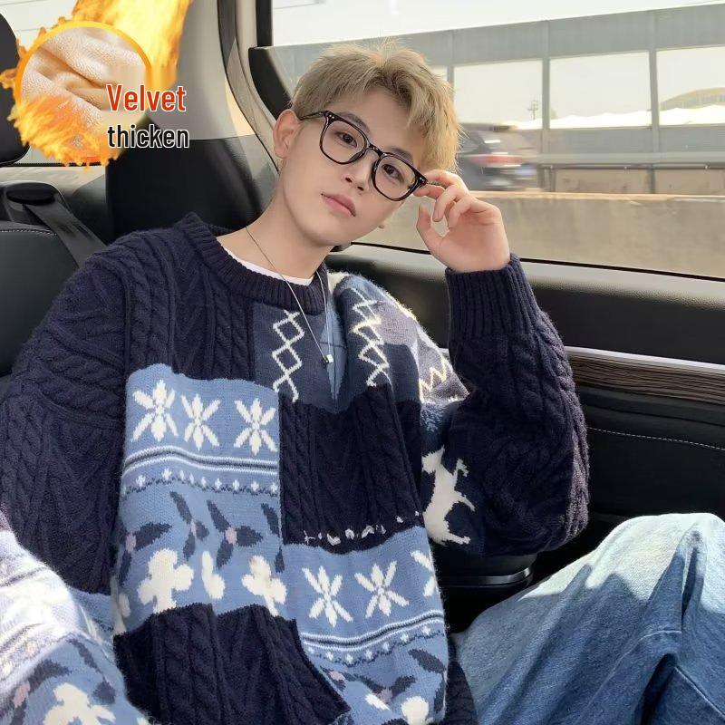 

Унисекс Свитер пэчворк с арановым узором Кленовый лист - Осень/Зима Свободный с круглым вырезом, Толстой теплый трикотаж XL тёмно-синий