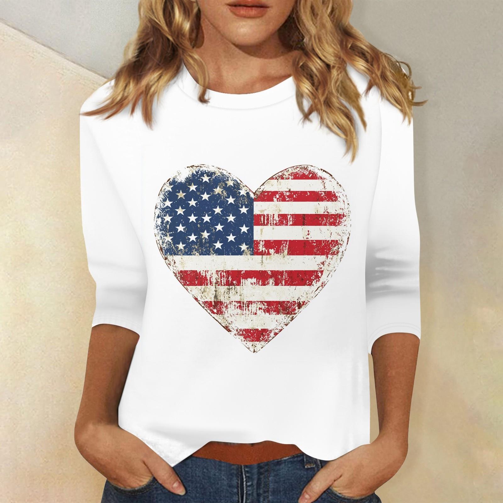 

Женская мода, повседневная свободная футболка с принтом на День независимости и круглым вырезом, рукав 3/4, женский топ XL