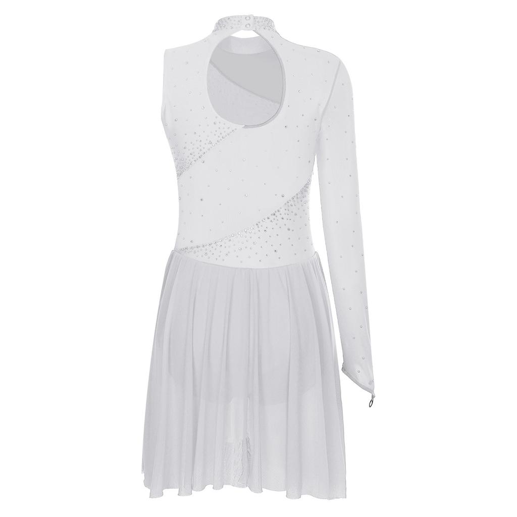 Womens Figure Skating Dance Leotard Single Sleeve Mock Neck Sparkle Rhinestone Ice Performance Wear