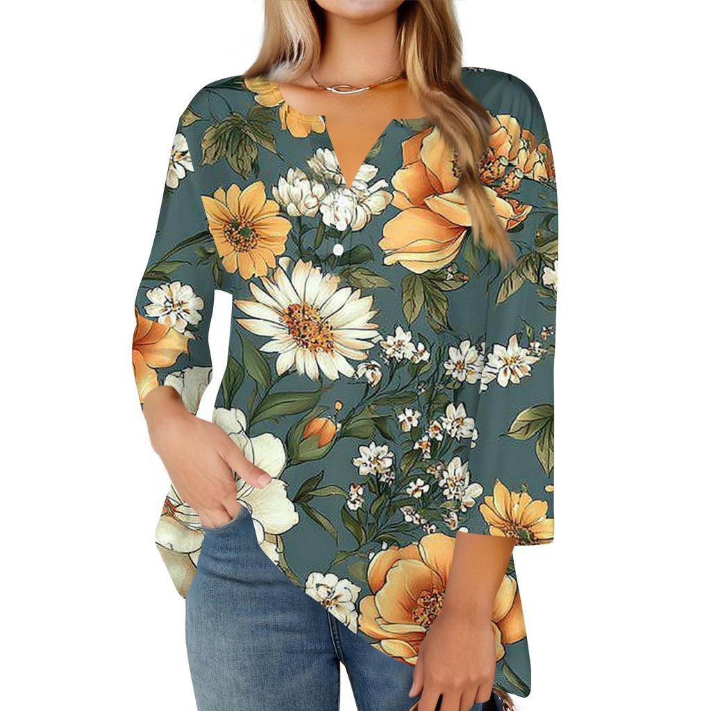 Damska modna, swobodna, kwiatowa, z dekoltem w serek, ozdobnymi guzikami, z rękawem trzy czwarte