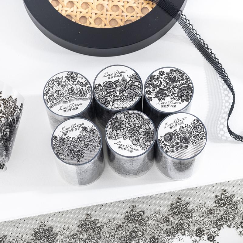 55mm*2m Black White Lace PET Tapes DIY Scrapbooking Junk Journal Aesthetics Decor Diary Collage Masking Tape Stationery Supplies