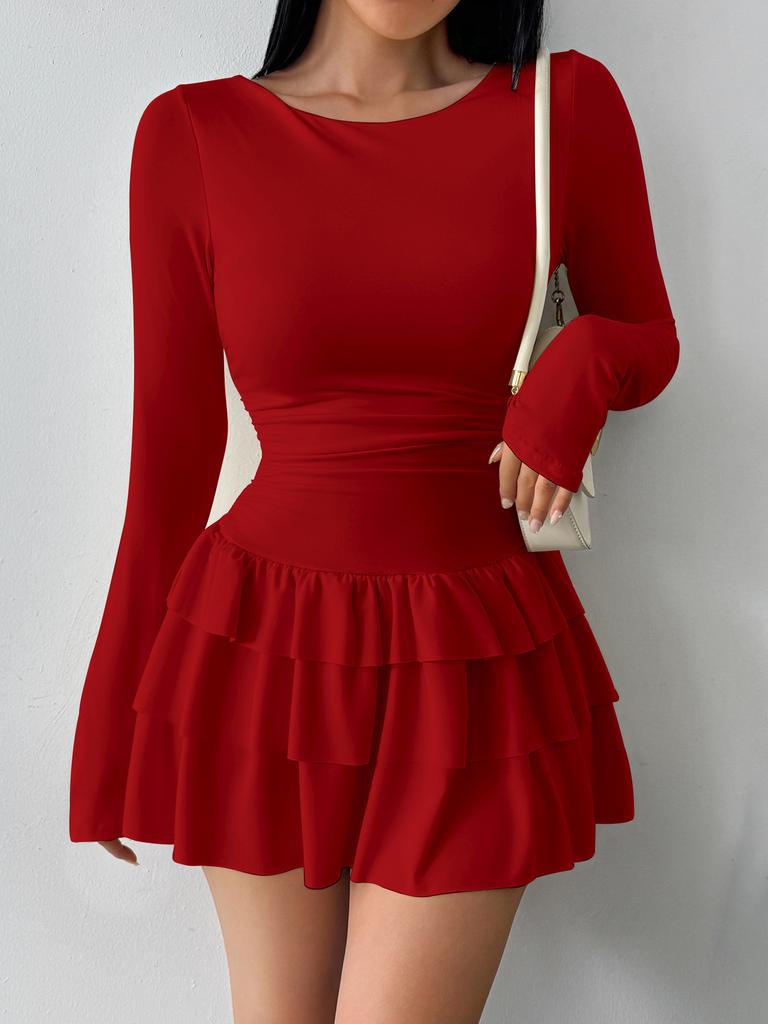 Temperament Dresses Woman Mini vestidos Simple Style Elegant French Bodycon Slim Pleated Fashion Long Sleeve Commuting Sexy