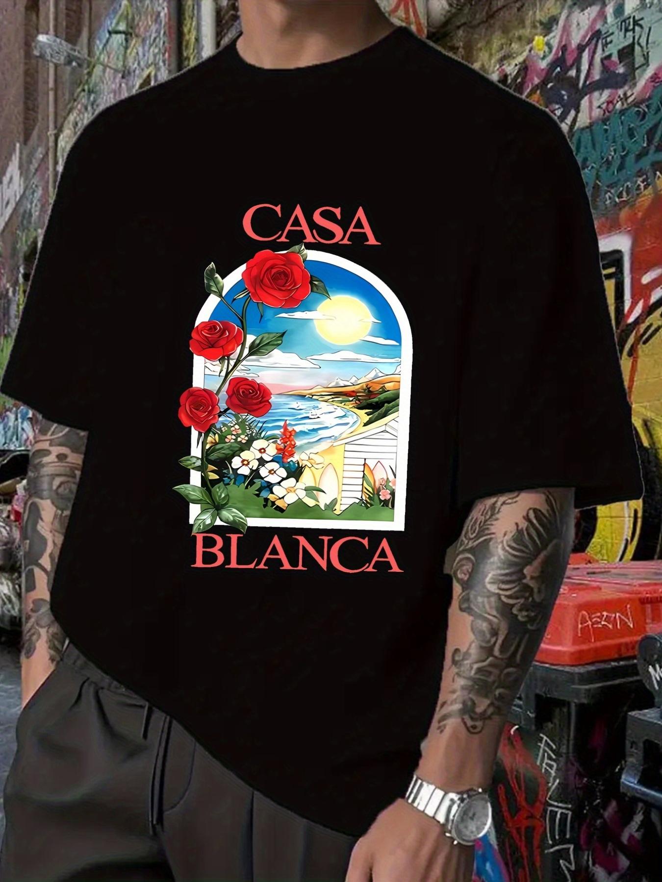 CASA BLANCA Tropical Floral Archiepiscopal T-shirt - Black Tee with Red Casa Blanca Text S