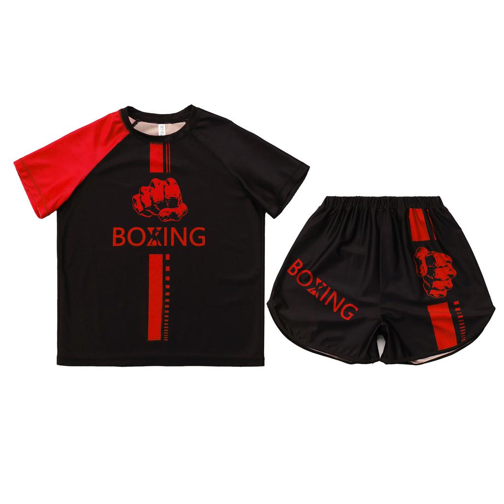 Kids Boys Boxing Uniform 2pcs Tracksuits Short Sleeve Boxer Shirt and Fighting Shorts Muay Thai Kickboxing Set