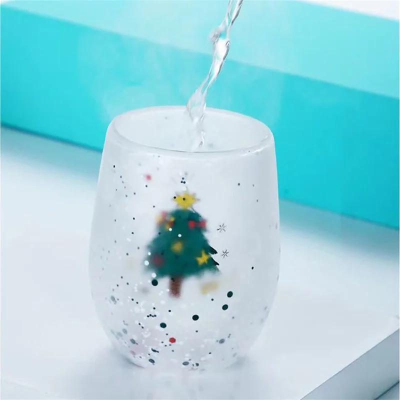 Weihnachts-Doppelwand-Glasbecher, hitzebeständig, Wasserbecher, Weihnachtsbaum, Schneemann-Muster, Saft, Tee, Milch, Kaffeebecher, Weihnachtsgeschenk