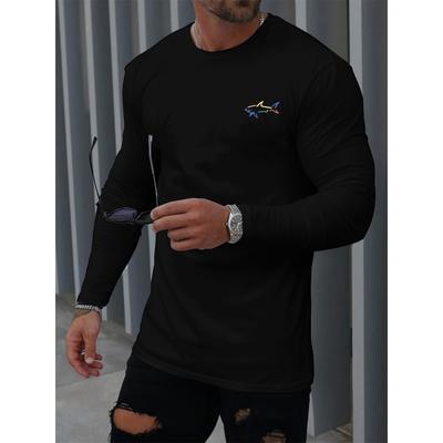 Herr T-shirt Top med Rund Hals, Lång Ärm, Bekväm och Casual, Tryckt med Hajmönster, för Vår och Höst