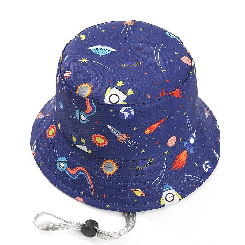 Kids Summer Sun Protection Cap Spaceship Planet Print Bucket Hat Wide Brim Fisherman Hats Boys Girls Outdoor Beach Basin Caps