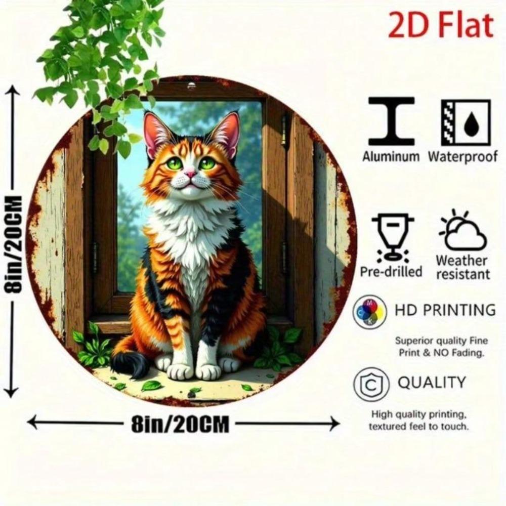 Vintage Green Eyed Cat Metal Sign with Floral Art for Home Kitchen Bar Decor