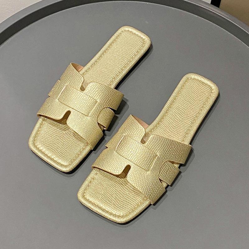 Women's Slippers Summer Square Head Flat Bottom Women's Sandals Lazy Large Size Beach Shoes