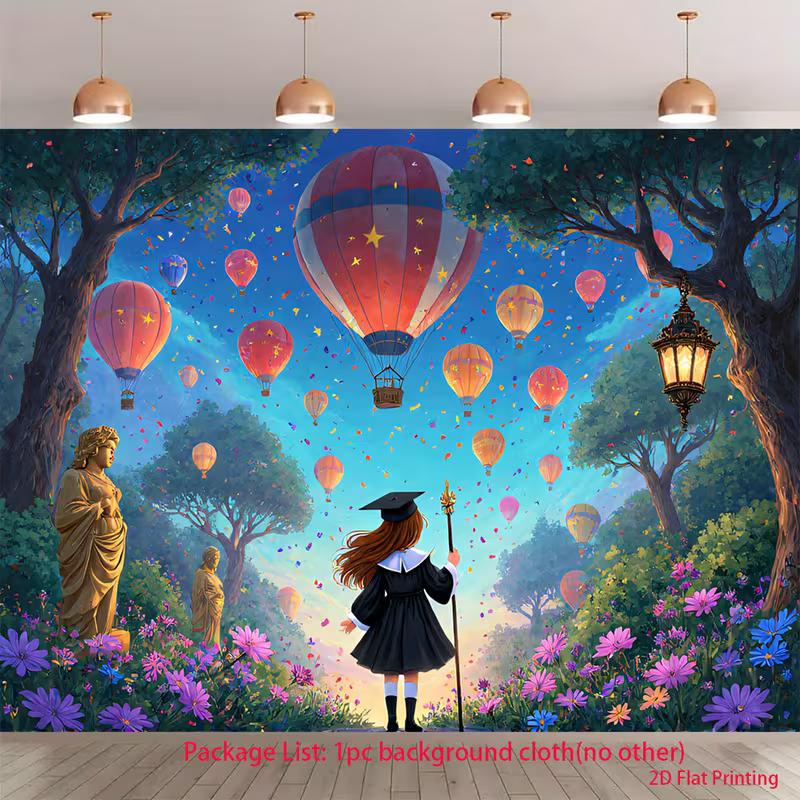 

2D Magical Graduation Backdrop 2D Graduate Girl with Staff and Colorful Balloons Photo Background for Photography Decor 47.2x31.5inch/120*80cm