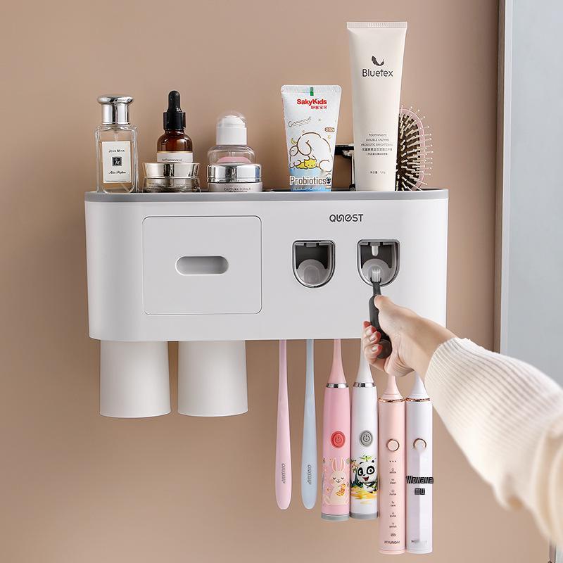 Punch-Free Wall-Mounted Toothbrush & Mouthwash Cup Set with Electric Toothpaste Dispenser