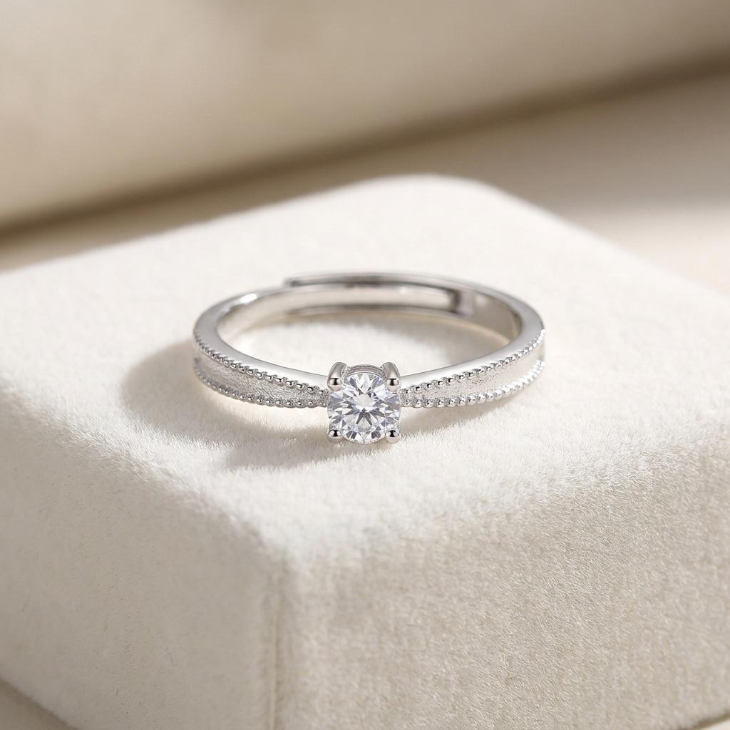Minimalist Open Adjustable S925 Sterling Silver Ring with Rice Bead Bezel and Single Diamond - Elegant Proposal Style for Women