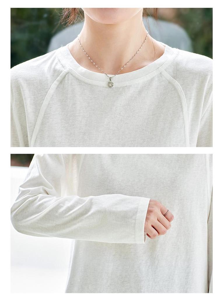 Women's Long Sleeve White Combed Cotton T-Shirt with Striped Knit Shawl - New Style for Spring 2026.
