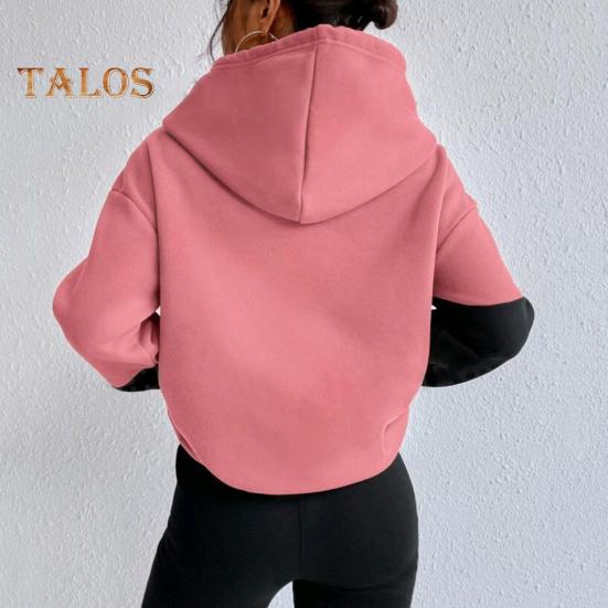 Damska bluza z kapturem na jesień i zimę, z kolorowym blokiem, ściągaczem, długimi rękawami, elastycznymi mankietami i obszyciem oraz dużą kieszenią, gruba sportowa bluzka fitness