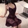 New sex underwear pure lace tassel suspender long dress mesh purple temptation 9518