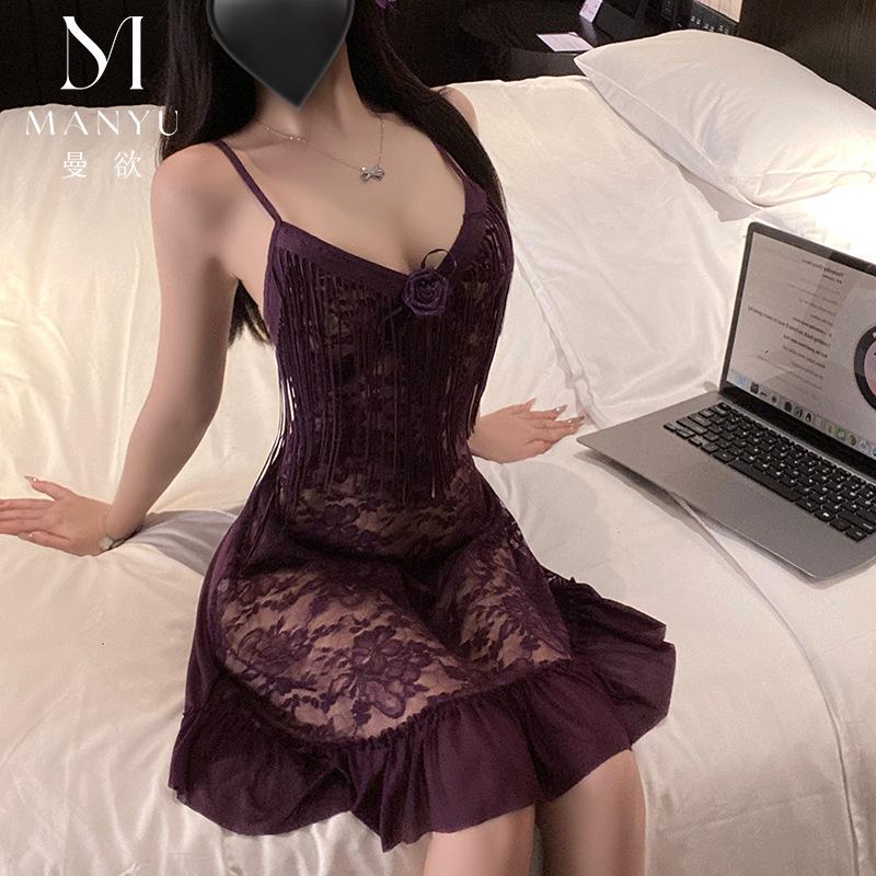 New sex underwear pure lace tassel suspender long dress mesh purple temptation 9518
