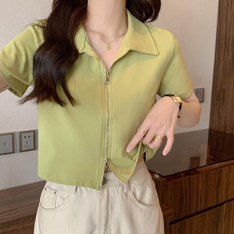 Polo lapel right shoulder white T-shirt for women summer design double zipper short-sleeved navel-baring short half-sleeved hot girl top