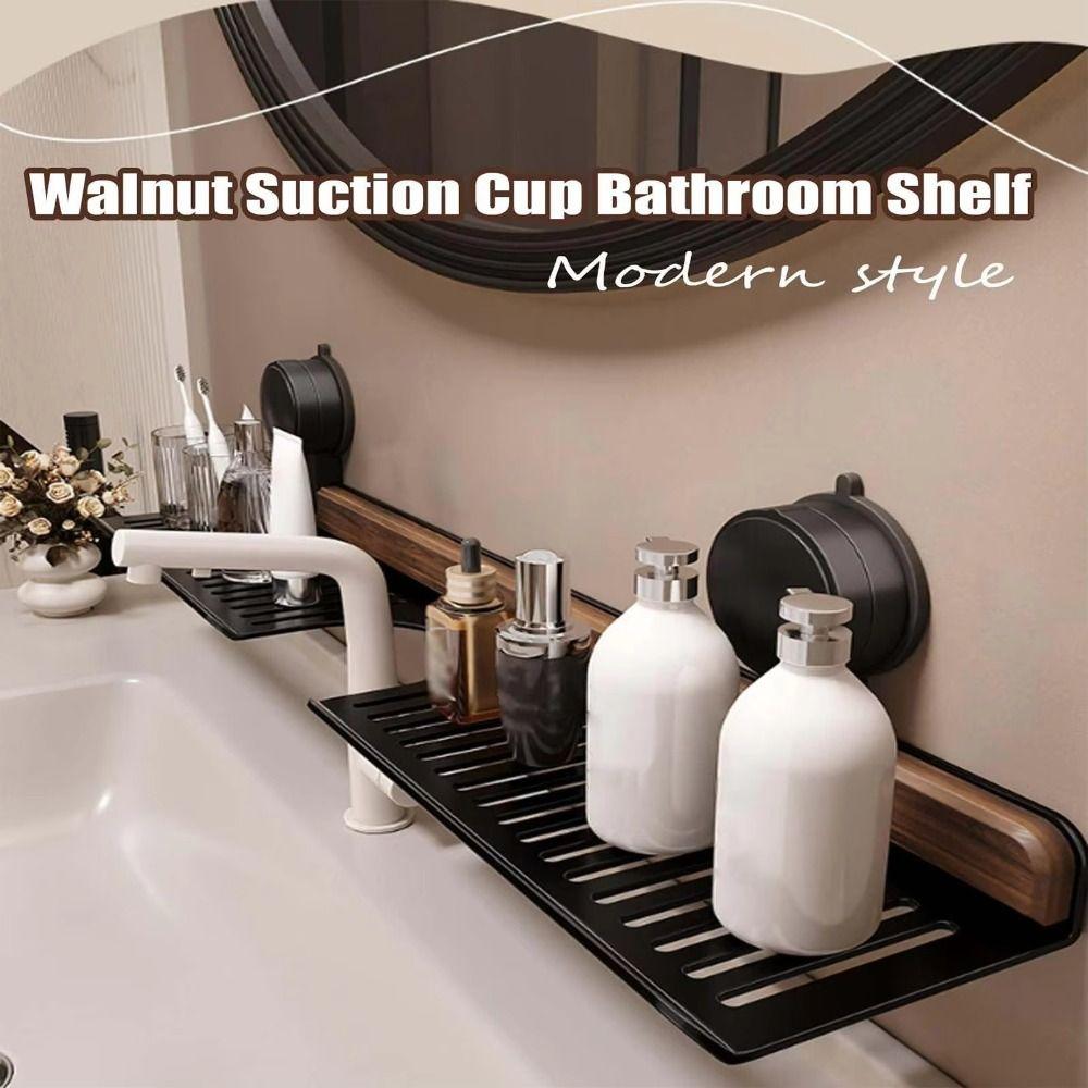 Walnut Finish Suction Cup Bathroom Shelf Wall Mount Shower Shelf Over Faucet Sink Rack  Bathroom