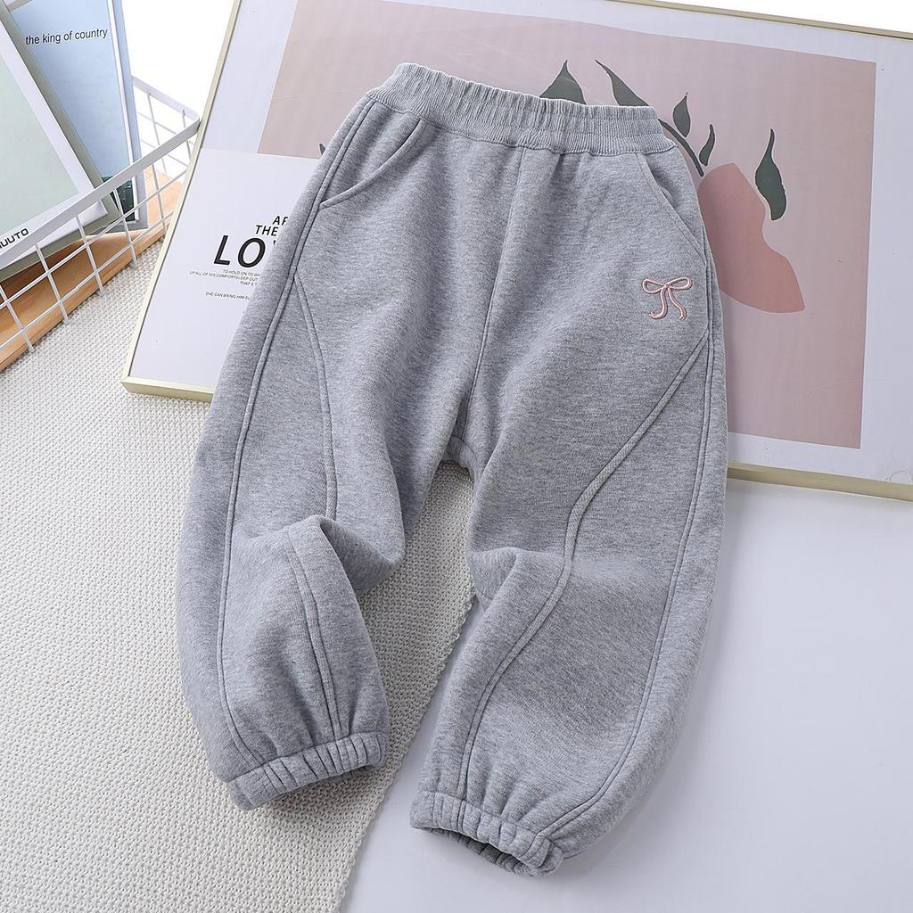 Winter 2025 Girls' Fleece-Lined Bowknot Sweatpants - Thick Casual Pants for Autumn/Winter