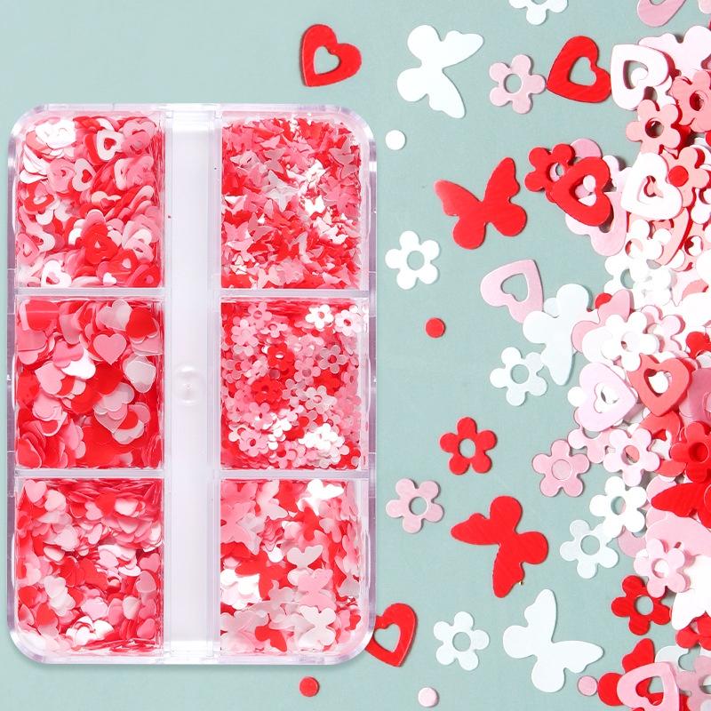 6 mřížek smíšené Valentýnské nail art flitry lesklé červené srdce s třpytivými vločkami na nehty potřeby pro profesionály příslušenství