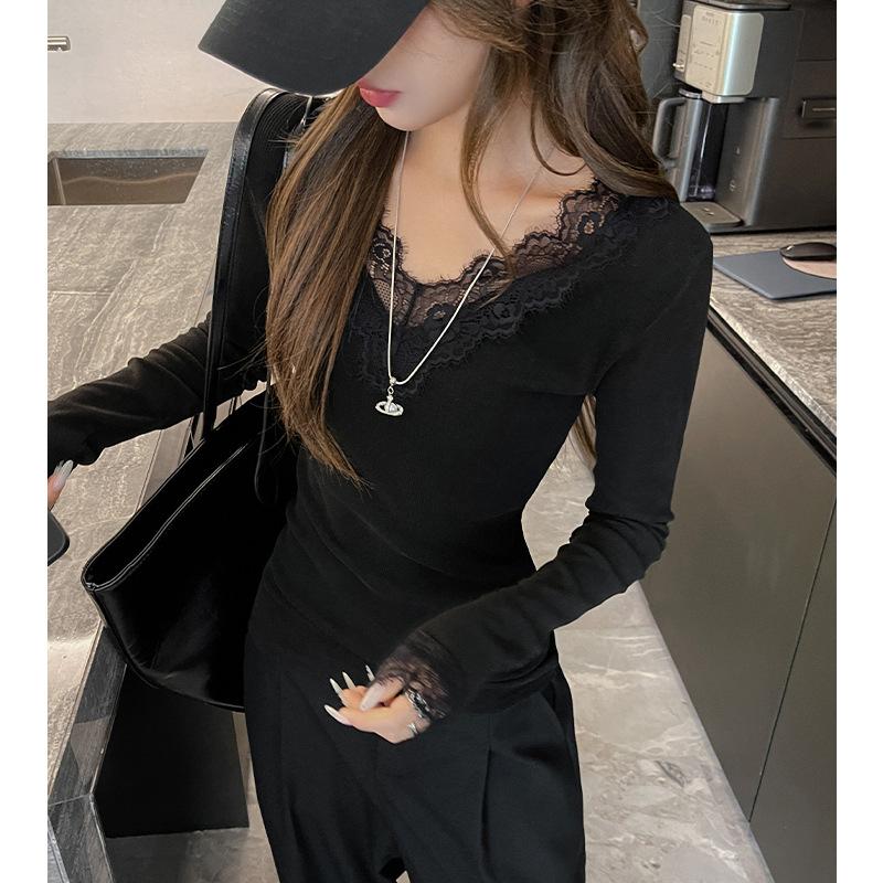 

Весна Осень V-образный вырез Кружевная вставка Однотонная футболка с низом Женская с длинным рукавом Приталенная Универсальная Повседневная футболка Пуловер Топ L чёрный