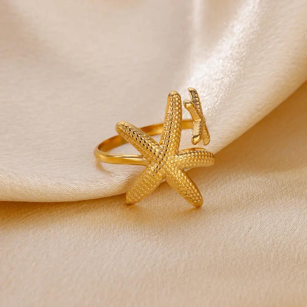 Dainty Zircon Shell Starfish Turtle Evil Eye Rings Stainless Steel Ring Women Anti Fading Golden Charm Zircon Accessories Gifts