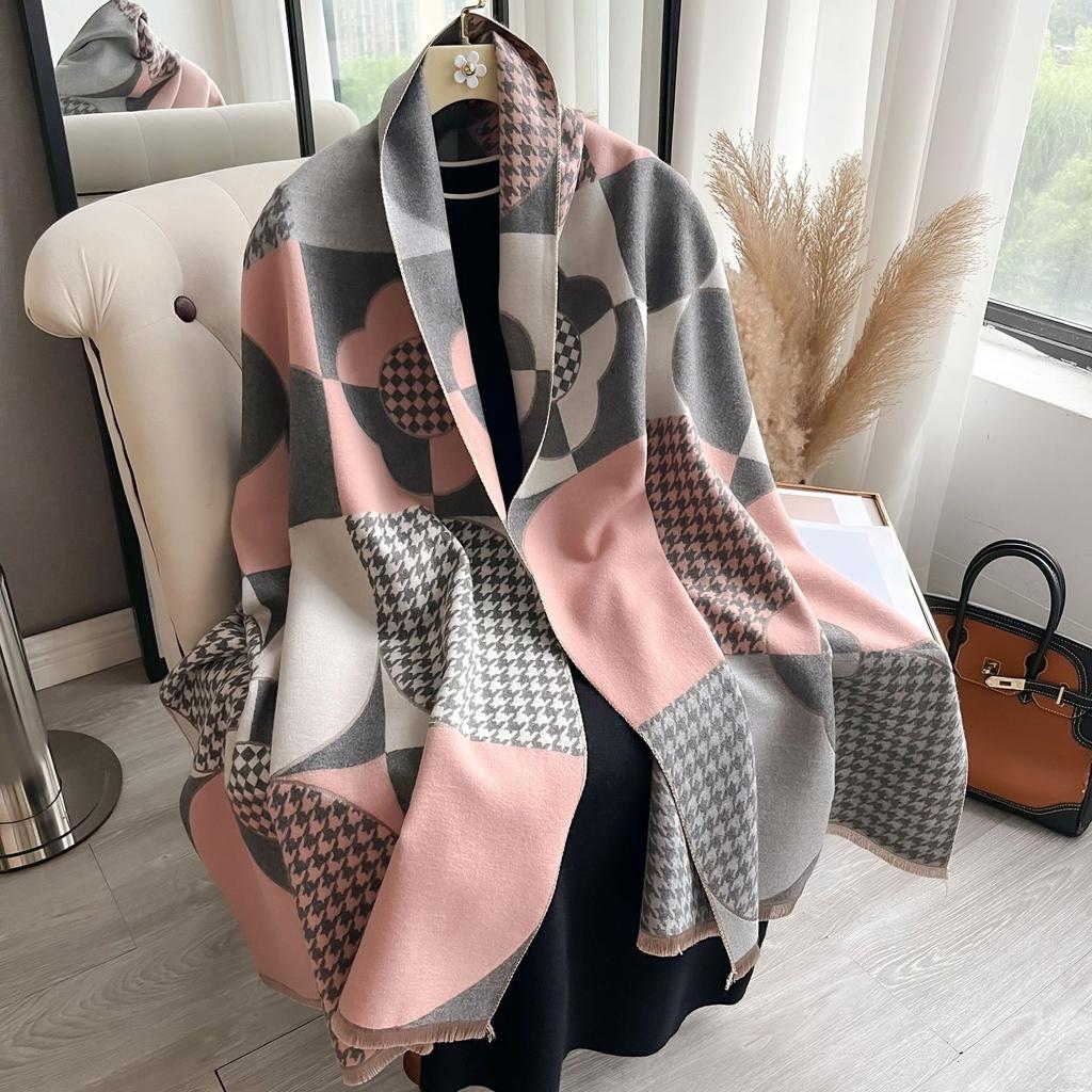 Warm Winter Scarf for Women Luxury Geomatic Pashmina Shawls Thick Cashmere Blanket Chunky Stoles Lady Elegant Poncho Bufanda