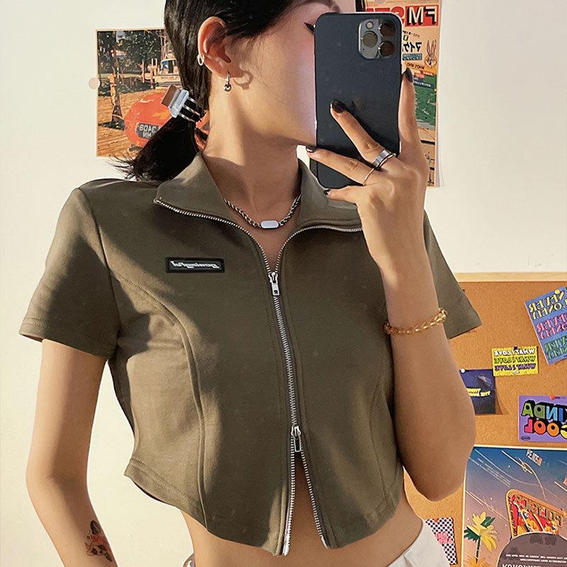 

Women s Summer High-Waist Hot Girl Style Zippered Polo Crop Top S [Recommended under 80 jin]
