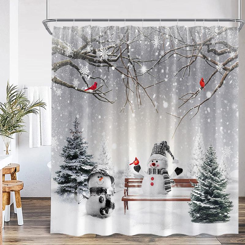 Cute Snowman Christmas Shower Curtains Xmas Tree Gift Winter Forest Red Bird Cedar Snowflake Scenery Home Bathroom Curtain Decor