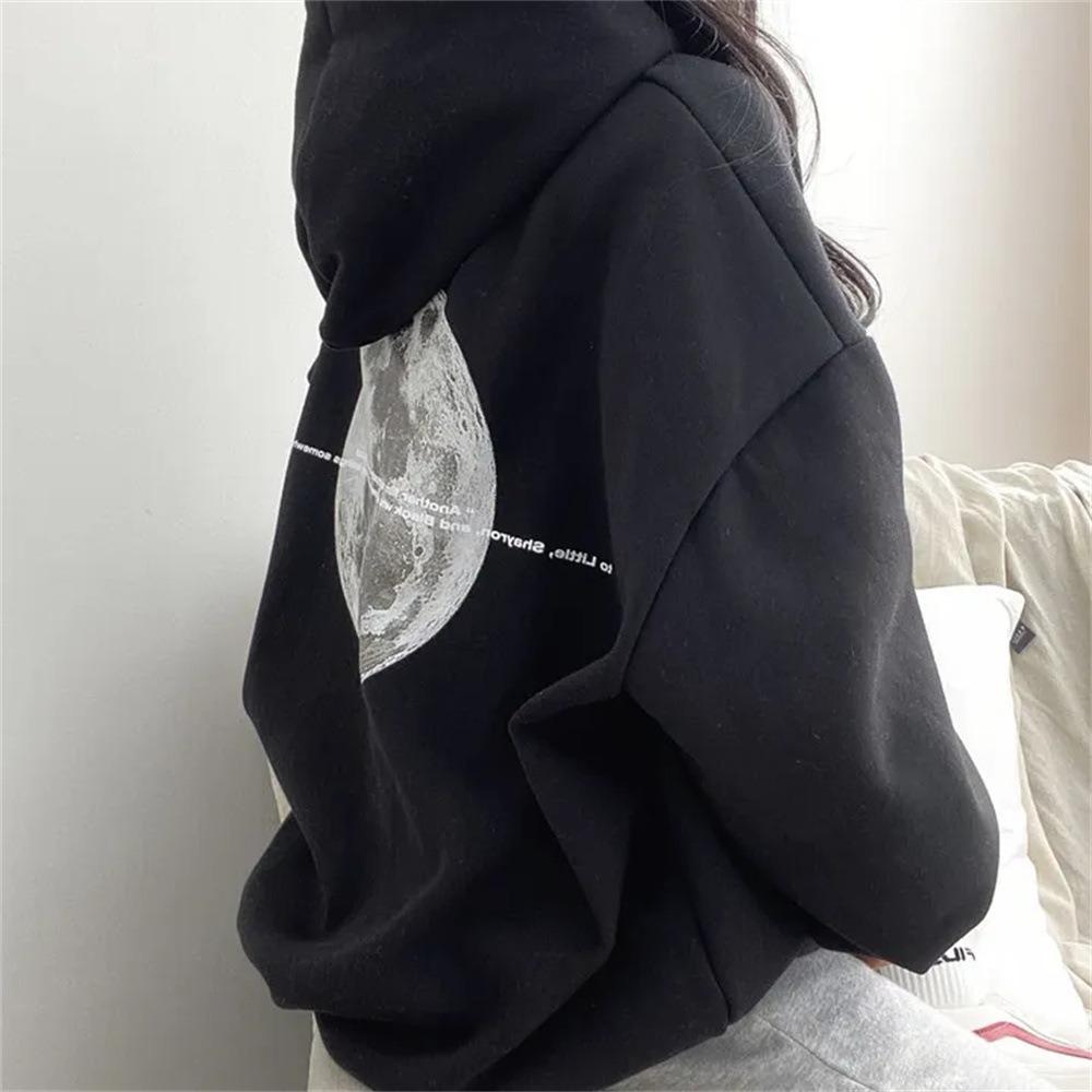Women's Hooded Long Sleeve Sweatshirt Loose Fit Casual Moon Print Pullover Hoodie Top
