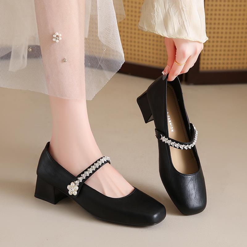 Summer single shoes 2025 new square head shallow mouth rhinestone one-word diamond belt silver low heel flat shoes Mary Jane shoes