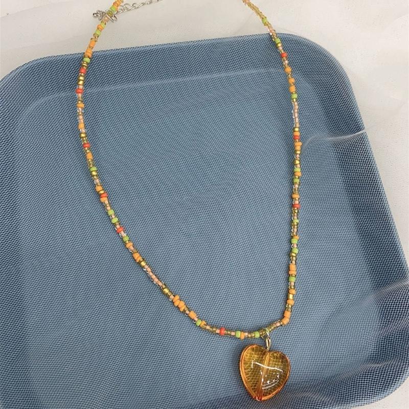 Korean Multicolored Bear Pendant Necklace Bohemia Love-heart Ornament Collar Chain Rice Beaded Choker Chain for Girls