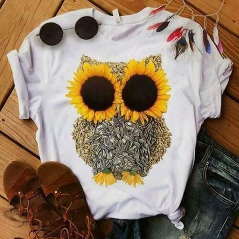 Sunflower Eyes Owl Print T Shirt Women Short Sleeve O Neck Loose Tshirt Summer Women Tee Shirt Tops Camisetas Mujer