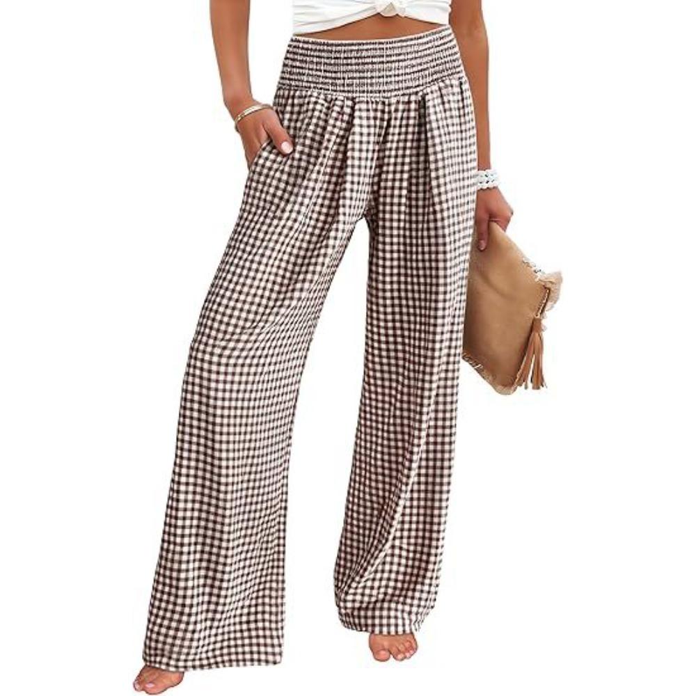 Women's Elastic Waist Straight Leg Long Pants Relaxed Fit Casual Plaid Striped Trousers
