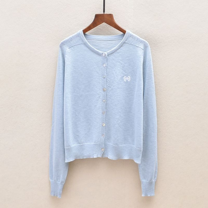 

Summer Thin Plus Size Embroider Women s Clothing Cardigan round Neck Long Sleeve Top All-Matching Sweater Light Blue Bust size 102-104cm