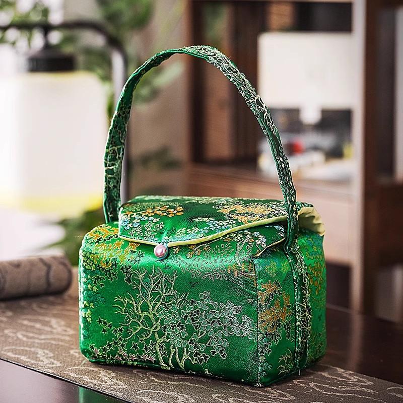 Printed Storage Bag with Cotton Lining, Small Travel Handbag Simple One-pot Two-Cup Set Teacup Bags