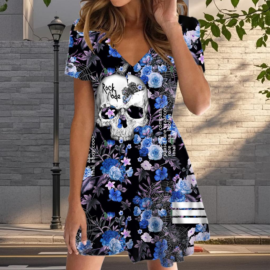 Summer Fashion Women's V Neck Short Sleeve Rose Skull Printed Dress Sex Short Skirt Dresses